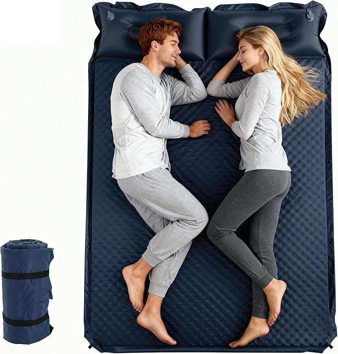 Double Camping Sleeping Pad with Pillow 2 Memory Foam Camping Mattress 2 Person 5R Insulated Self Inflating Camping Pad Air Mattress Inflatable Sleeping Mat for Tent Backpacking Hiking (Blue)