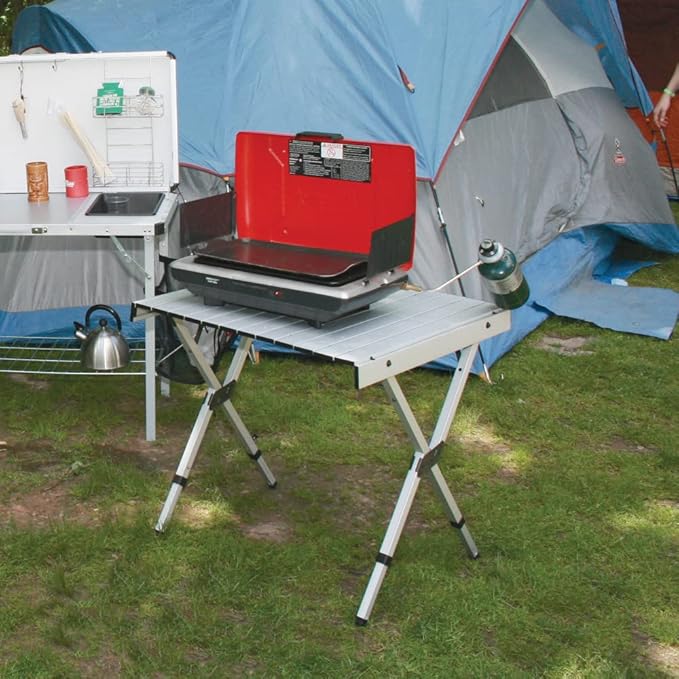 Rio Brands Compact Expandable Outdoor and Camping Aluminum Roll-Top Heat Dissipating Picnic Table Silver 2 in 1