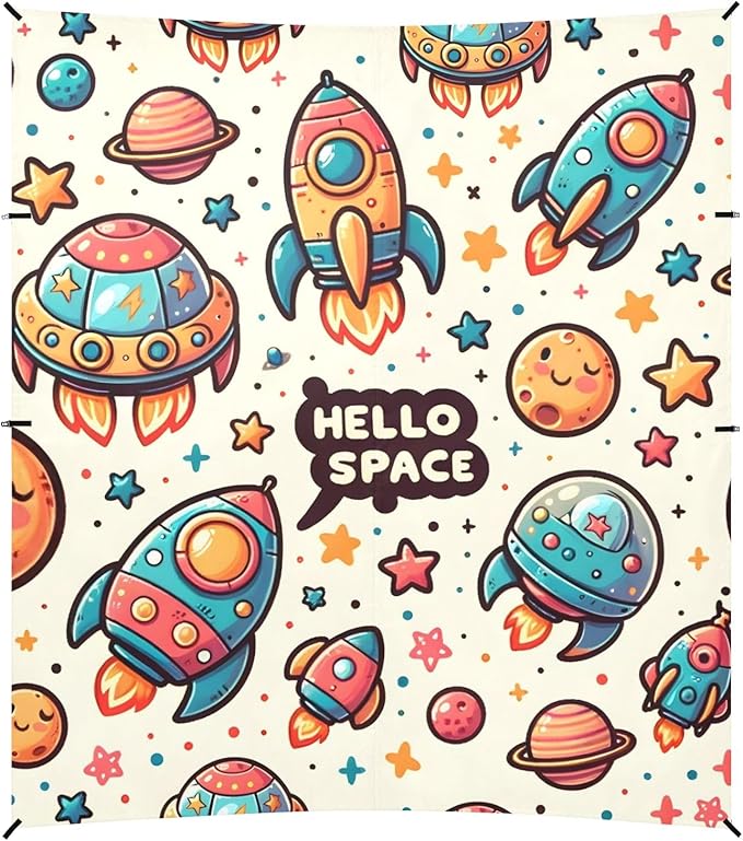 Cartoon Spaceship Cute Spaceship with The Word Camping Sun Shelter Beach Tent Portable Beach Sun Shade Outdoor Canopy for Camping Trips Fishing Picnic