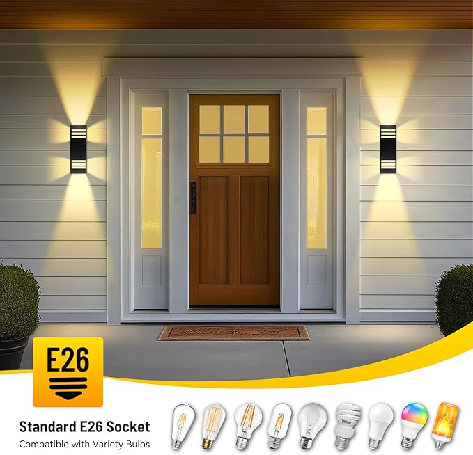 2-Pack Modern Outdoor Wall Lights IP65 Waterproof Up &amp Down Porch Light Fixtures with E26 Bulbs Aluminum Wall Sconces for Garage Patio Entryway 2700K Warm Light