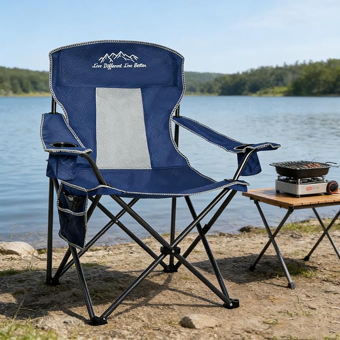 2 Pack Folding Camping Chairs with High Back Comfortable Large Outdoor Chairs for Adults 400lb Capacity Heavy Duty Breathable Mesh Portable Chair with Storage Bag for Camping Fishing Blue