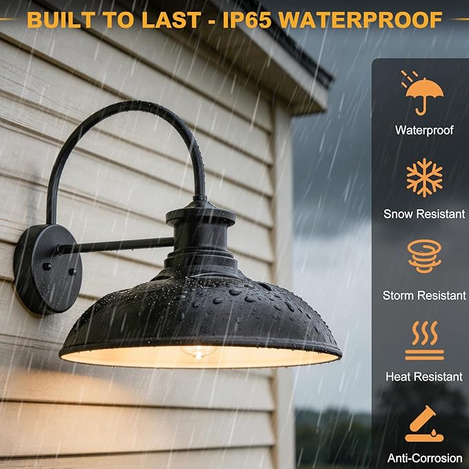 16 Extra Large Solar Barn Light for Outside Dusk to Dawn Gooseneck Farmhouse Barn Lights Waterproof Black Outdoor Wall Light Solar Powered for House Garage Patio 2-Pack