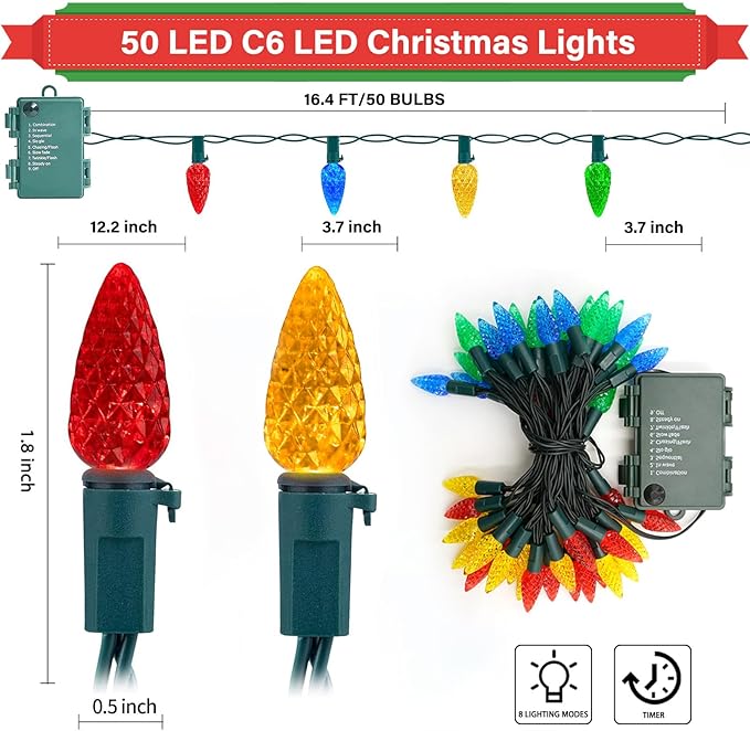 50LED C6 Christmas Lights Battery Operated 16.4FT C6 Christmas Lights Battery Powered with Timer 8 Modes Waterproof for Outdoor Garden Patio Indoor Xmas Tree Bedroom Party Multi-Color