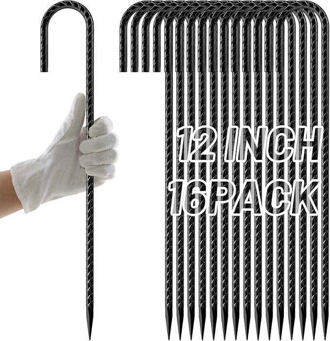 AAGUT Rebar Stakes 12 Inch 16 Pack J Hook Premium Black Coated Ground Garden Anchors Heavy Duty Superior Rust Resistance Chain Link Fence Stakes for Camping Tent Inflatables Lawn Decor