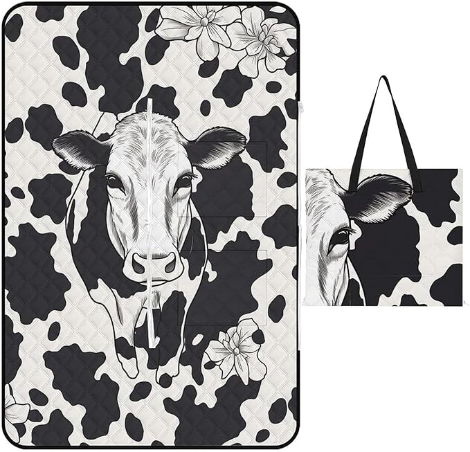 Zipper Black and White Cow Style Picnic Mat Suitable for Travel Camping Park Or Home Use
