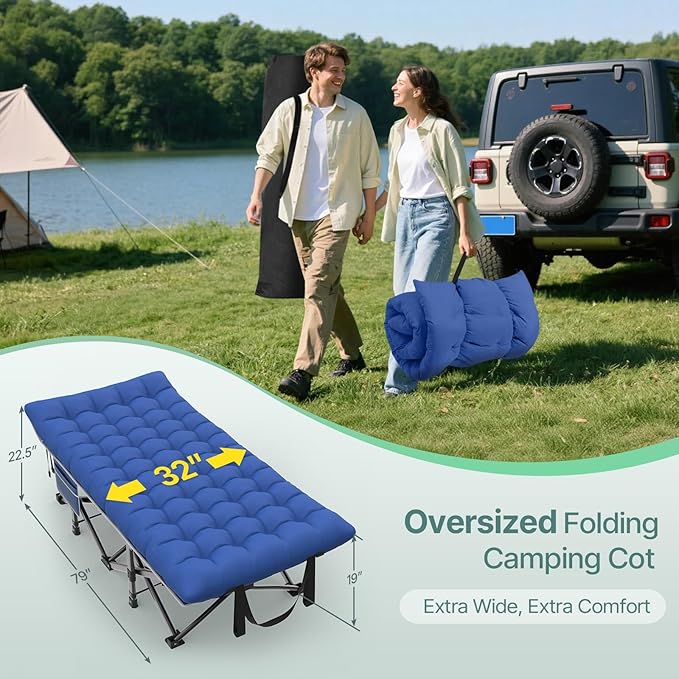 Suteck 32In XXL Folding Camping Cot 900LBS Heavy Duty Sleeping Cot with Pillow Mattress 1200D Double-Layer Oxford Portable Cot for Adults with Carry Bag for Home Office Nap Beach Travel