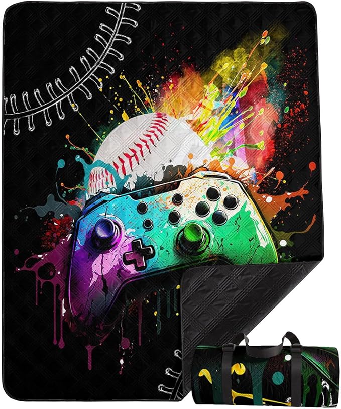 Outdoor Picnic BlanketPortable Sandproof Waterproof Picnic MatGamepad Baseball Printed Camping Beach Mat for Sand and Wet Grass Hiking (Gamepad Baseball L)
