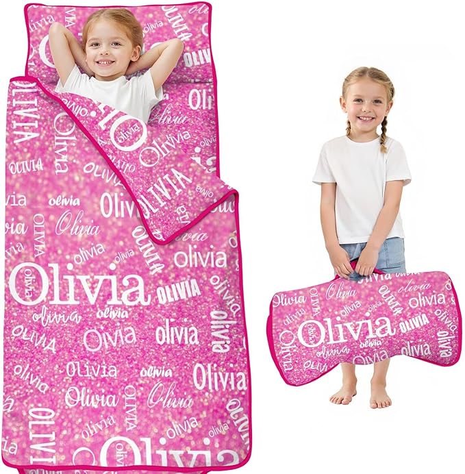 Personalized Name Toddler Nap Mat for Daycare Preschool Kindergarten Customized Kids Sleeping Bag with Pillow and Blanket for Girls Boys Custom Name Monogrammed Nap Mats for Toddlers