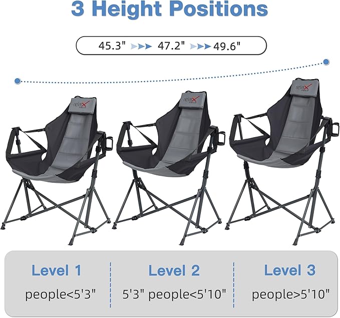 Hammock Camping Chair 3 Heights Swinging Chair with Adjustable Backrest Folding Rocking Chair with Head Pillow&ampCup Holder Outdoor Chairs for Camping and Hiking Supports 350lbs Black