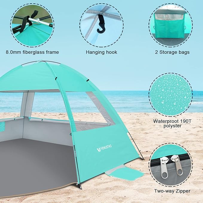 Venustas Beach Tent Sun Shelter for 3/4-5/6-7/8-10 Person UPF 50+ UV Protection Beach Canopy Lightweight and Easy Setup Cabana Portable Shade Tent