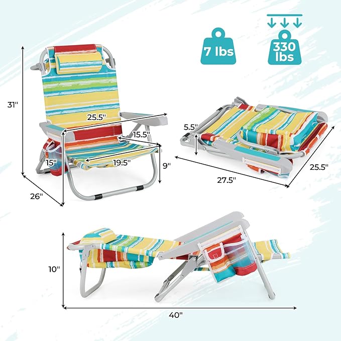 Giantex Backpack Beach Chair Foldable Camping Chair with 5 Adjustable Position Cup Holder Storage Pockets Straps Towel Rack Pillow Lay Flat Lawn Chair for Patio Outdoor Color Stripe