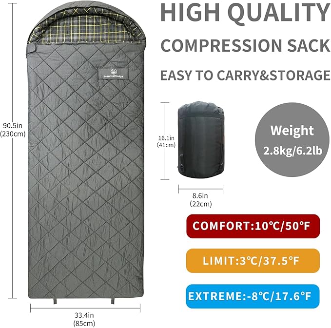Mountainlodge 100% Cotton Shell and Lining Sleeping Bag for Adult Cold Weather with Compression Bag&ampCarry Bag for CampingTravel and Car Camping