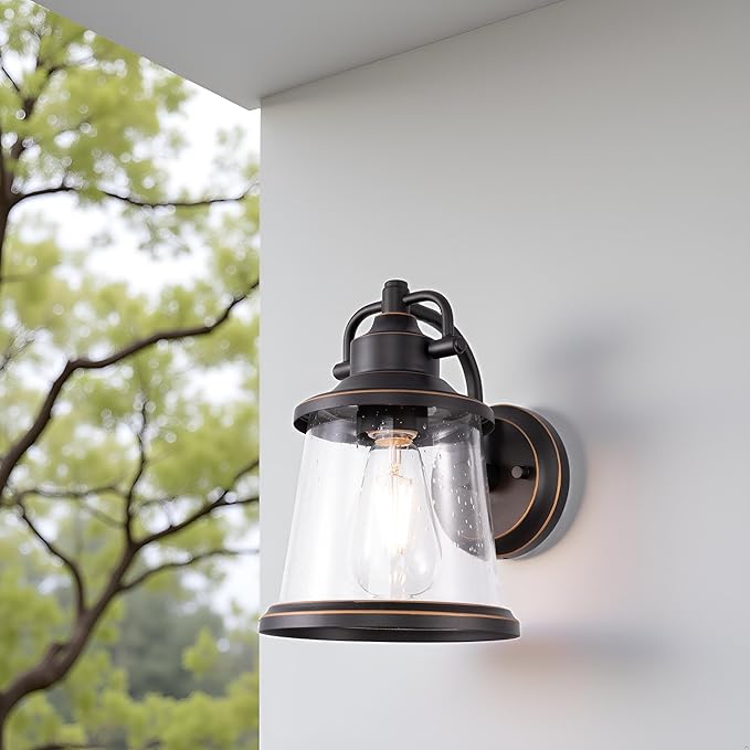 GRUENLICH Outdoor Wall Lantern Wall Sconce as Porch Lighting Fixture E26 Medium Base Metal Housing Plus Seeded Glass Oil Rubbed Bronze Finish Bulb Not Included 1-Pack