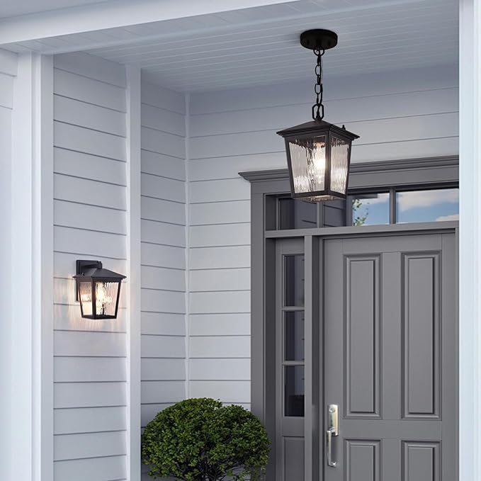 Outdoor Pendant Light Black Outdoor Porch Light fixtures with Anti-Rust Exterior Hanging Lantern Height Adjustable Outside Chandelier with Water Glass for House Patio Garage