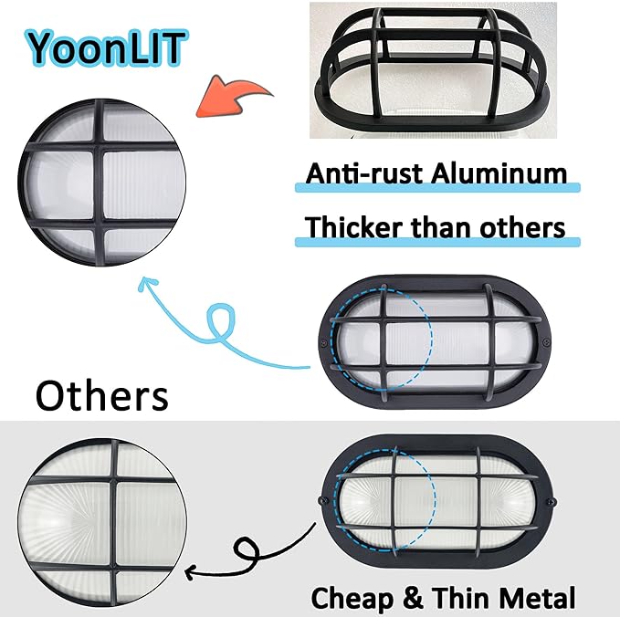 YoonLIT 8.5 inch Outdoor LED Bulkhead Light Fixture Wall or Ceiling Flush Mount Waterproof for Porch Basement Hallway Balcony 10.5W 800 Lumens 5000K Matte Black Finish 1-Pack