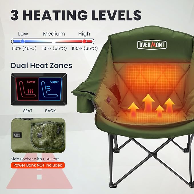 Overmont Gentle Heated Oversized Camping Chair for Adults - 3 Levels Seat &amp Back Separately Control - 400lbs Support Heavy Duty Padded Folding Chair Outdoor Garden Portable - Battery NOT Included