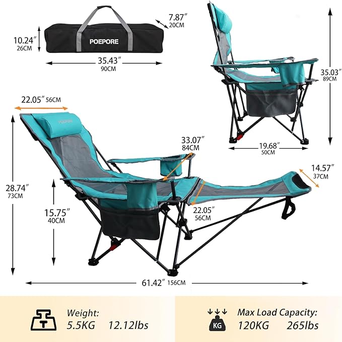 Reclining Camping Chair with Removable Footrest Lounge Chair with Headrest Cotton Cushion Portable Adjustable Folding Chairs