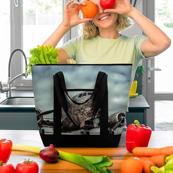Insulated Shopping BagLarge Reusable Cooler Bags Airplane Art Printed Foldable Shopping BagTravel Waterproof Shoulder Bag