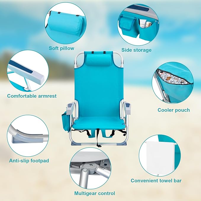 Beach Chairs for Adults Compact Portable Lay Flat Folding Beach Chair with Backpack Straps and Large Cooler Pouch Support to 220LBS (Mint Green)