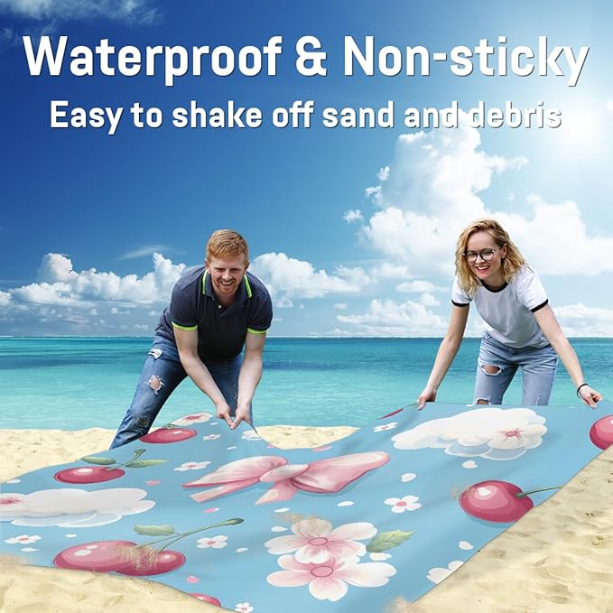 Waterproof Sandproof Beach Blanket 59''×68'' Cherry Decorations Polyester Outdoor Picnic Blanket with 4 Stakes &amp Storage Bag for BeachCampingVacation Blue