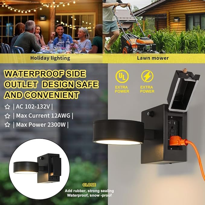 Porch Lights with GFCI Outlet Dusk to Dawn Outdoor Wall Light with Outlet LED Aluminum Exterior Light Fixture Waterproof Outside Lights for House Front Door Patio Garage