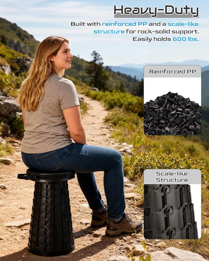 2025 Heavy Duty Collapsible Stool | 600lbs Capacity 18-in Tall Lightweight 2.6lbs Portable Retractable Telescoping Stool for Adults Camping Fishing Hiking Travel BBQ