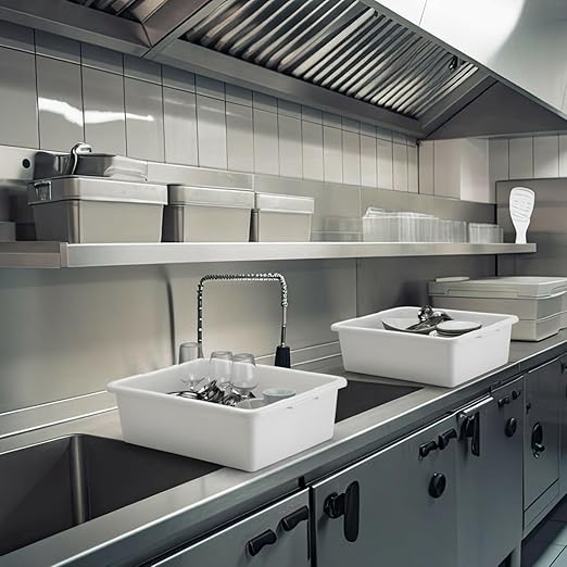 6 Pcs Commercial Bus Tubs 21.1 L x 16.9 w x 6.6 h Large Plastic Tubs Heavy Duty Wash Basin Tote Box for Restaurant Home Hotel Kitchen Organization Storage(White)