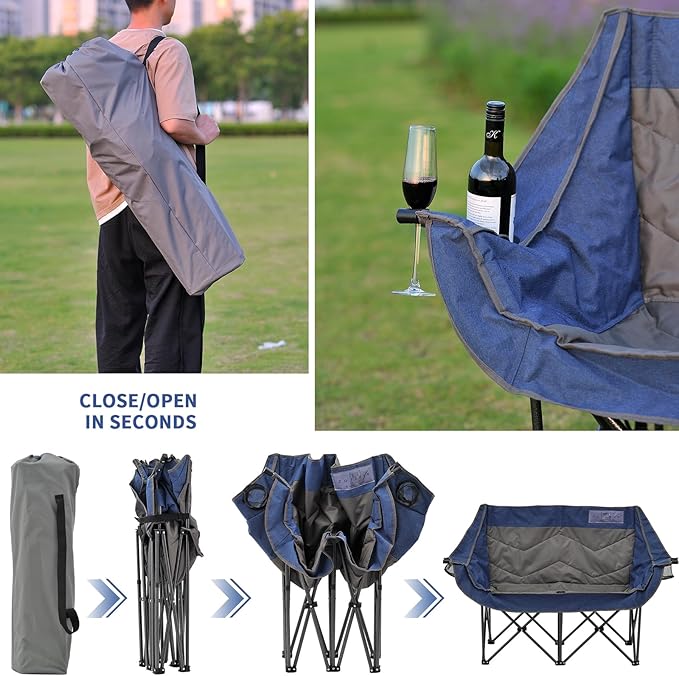 Portable Double Folding Love Seat Padded Camping Chair with Cup Holder Navy Blue and Gray