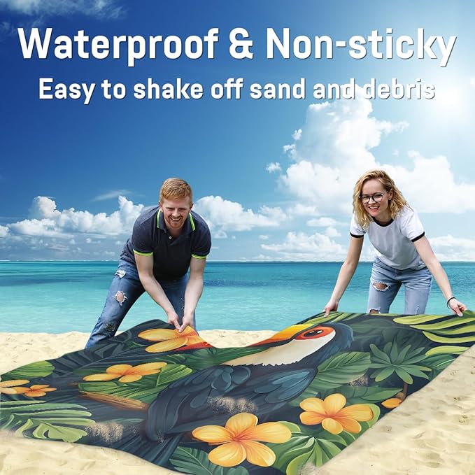 Waterproof Sandproof Beach Blanket 59''×68'' Animal Toucan Polyester Outdoor Picnic Blanket with 4 Stakes &amp Storage Bag for BeachCampingVacation
