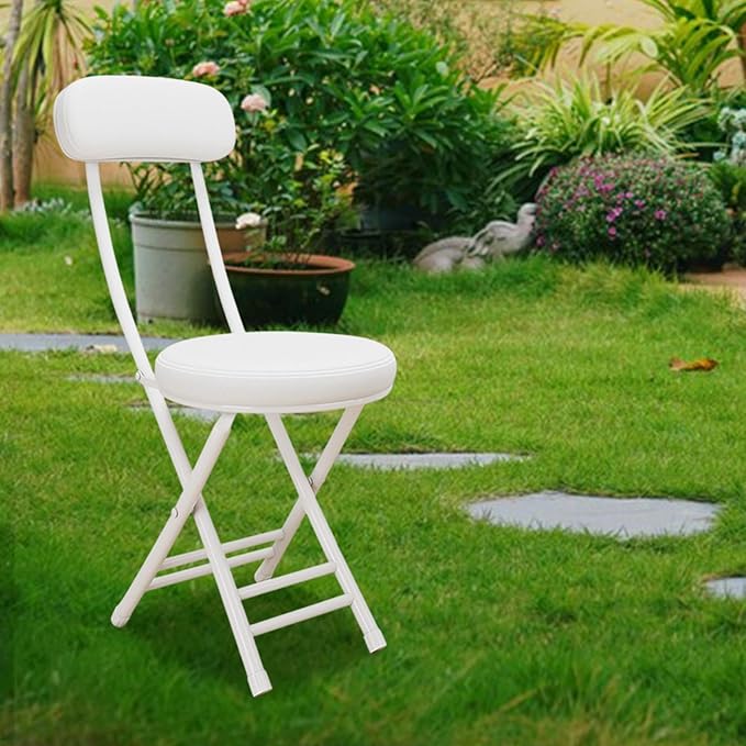 Folded Camping Chair Padded Folding Stool Compact Easy to Carry with Back Rest Metal Frame for Dining Room Shop Indoor Garage White