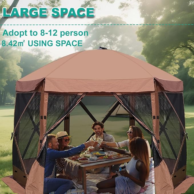 10 x 10 FT Pop Up Screen Tent Portable Outdoor Camping Gazebo with Ground Stakes and Carry Bag Brown