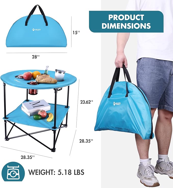 VILLEY Folding Camping Table Lightweight Double-Layer Round Table with 4 Cup Holders and Carry Bag Portable Beach Table for Camp Travel Fishing Outdoor Activities Blue