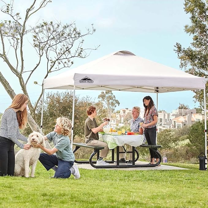EAGLE PEAK Pop Up Canopy Tent with Wheeled Carry Bag 8 Stakes 4 Ropes 4 Weight Bags Easy Set Up Tent Canopy 10x10 ft 100sqft of Shade White