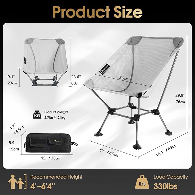 MOON LENCE Camping Chair Plus Upgraded Comfort &amp Size Still Compact and Lightweight Folding Portable Chair for Backpacking &amp Hiking 400Lbs Capacity Gen 3 Plus (Grey)