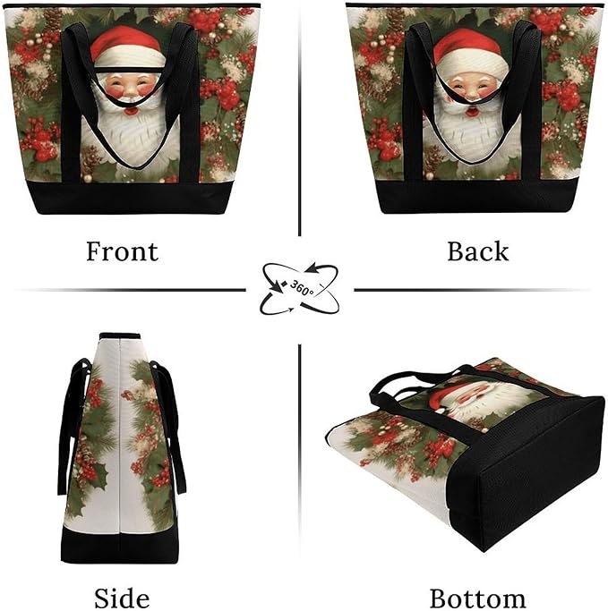 Insulated Shopping BagLarge Reusable Cooler Bags Christmas Holiday Santa Claus Wreath Printed Foldable Shopping BagTravel Waterproof Shoulder Bag