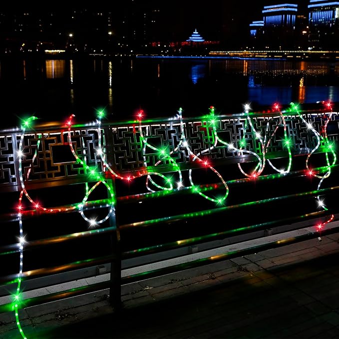 50ft 360 LED Waterproof Rope Lights 110V Connectable Indoor Outdoor Led Rope Lights for Deck Patio Pool Camping Bedroom Decor Landscape Lighting and More (RED+White+Green)