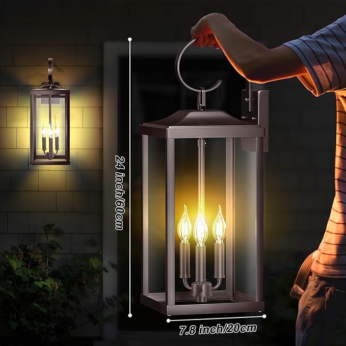 2 Packs 24 Extra Large 3-Light Outside Wall Light Fixture Oil Rubbed Bronze Outdoor Porch Lantern Wall Mounted Waterproof Modern Brown Outside Wall Sconce Coach Lamp for House E12