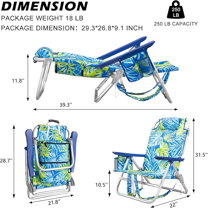 Backpack Beach Chairs for Adults - Folding Heavy Duty Camping Chair with Storage Pouch Cup Holder &amp Towel Rack Lightweight &amp Adjustable Chair for OutdoorTravel (2pcs / Tropical Foliage)