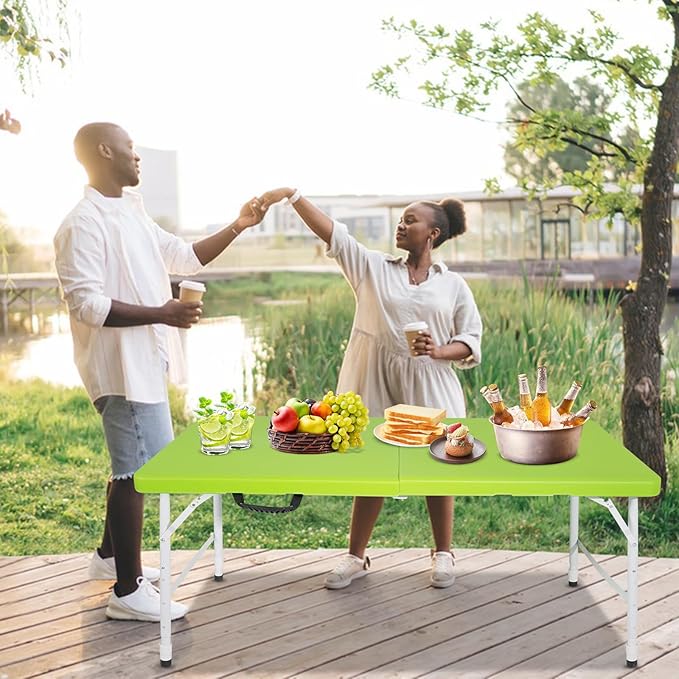 4 Foot Folding Table Utility TablePortable 4Ft Adjustable Height Folding Table Heavy Duty Fold-in-Half Table Small Utility Foldable Table Camping Table for Dining Picnics (Green)