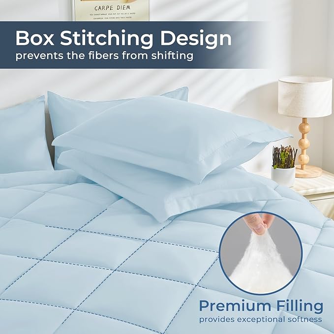 HEVUMYI Queen Comforter Set - 7-Piece All Season Bed in a Bag Queen Ultra Soft Bedding Set with Comforter Flat Sheet Fitted Sheet Pillowcases Pillow Shams Greyish Blue