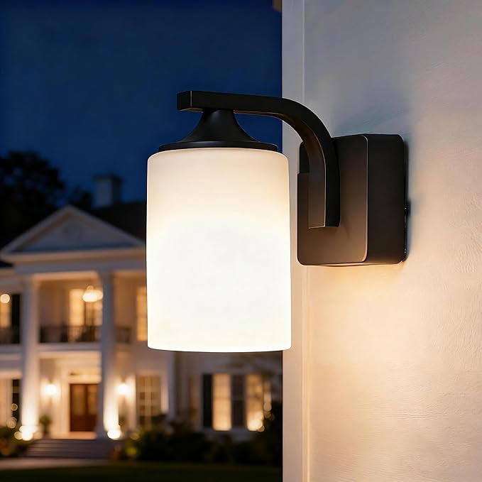 Outdoor Wall Lamp Waterproof and Anti-Rust Aluminium Modern Wall Light Fixture Milk Glass Indoor for OutsideGarden Matt Black