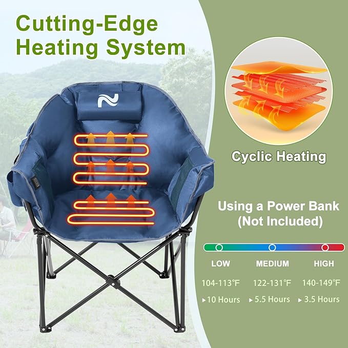 Slsy Oversized Heated Camping Chairs 2-Pack Heated Folding Moon Chairs with 3 Heat Levels Heavy Duty Portable Lawn Chairs for Outdoor Patio Picnic and Lounge