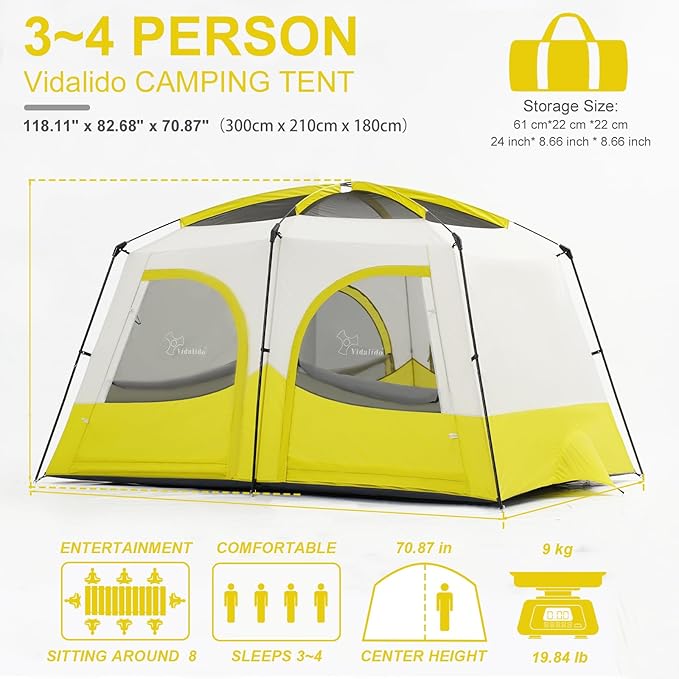 Vidalido Tents3-4 Person Camping Tent with Extended VestibuleWeather Resistant Family Tents with Breathable Mesh WindowsEasy Install Waterproof Outdoor Tent for Backpacking and Camping Hiking