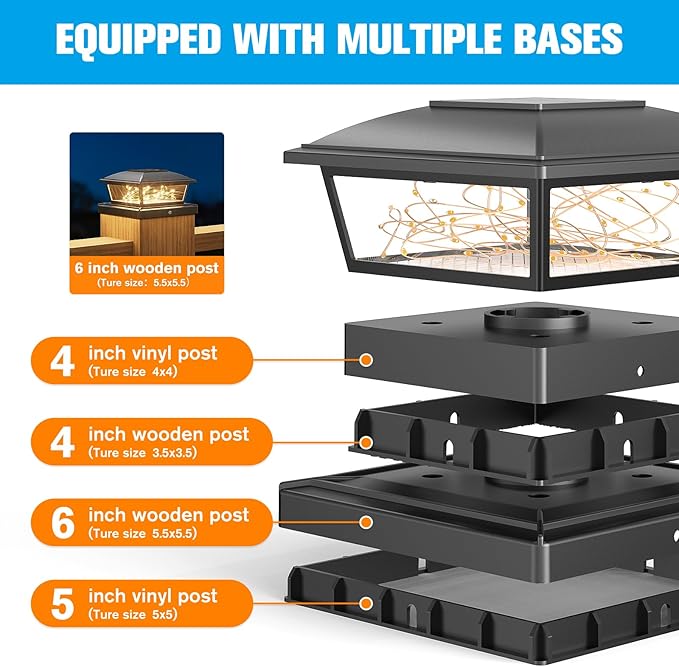 VOLISUN Solar Post Cap Lights Outdoor 4Pack Black Fence Cap Lights Solar Powered Fits 4x4 6x6 Wooden/4x4 5x5 Vinyl Post Firefly filaments Lighting for Garden/Patio/Porchwith Warm White