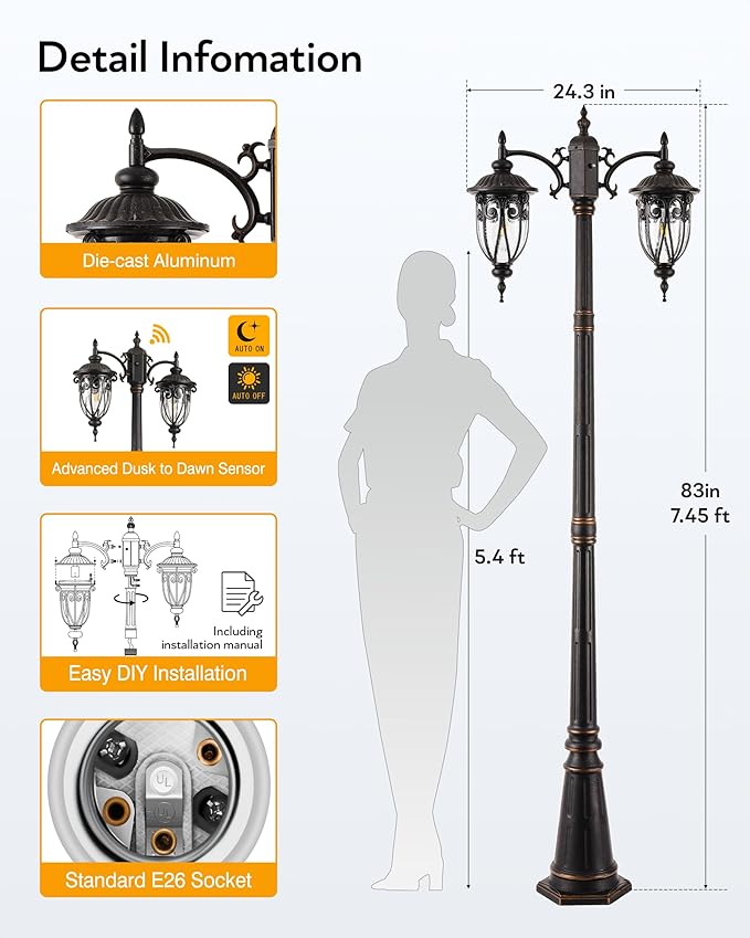 VIANIS 2-Head Outdoor Lamp Post Light Dusk to Dawn Post Lamps Outside Waterproof Seed Glass Lamp Posts Outdoor Lighting Anti-Rust Bronze Light Posts for Outside Garden Yard Doorway Hardwired
