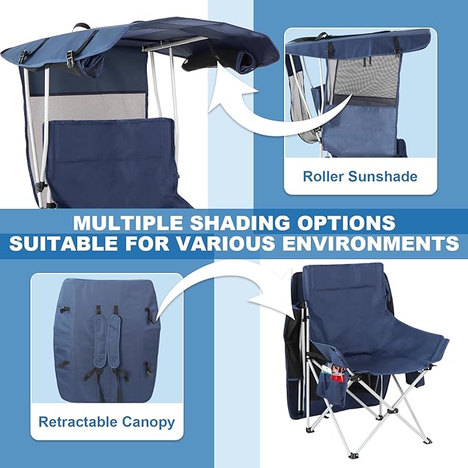 Folding Camping Chairs Canopy Outdoor: Sports Portable Beach Chair with Canopy-Lawn Beach Chairs with Umbrella for Adults-Camping Chair with Shade for Fishing Camp Heavy Duty (Regular Navy Blue)