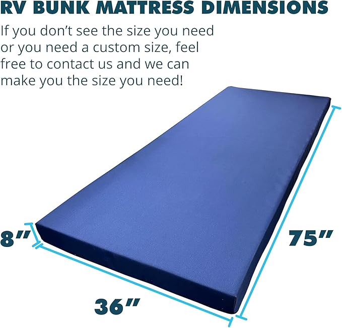 Foamma 8” x 36” x 75” Water Resistant Memory Foam RV Bunk Mattress Firm High Density Foam Base Comfortable and Durable Polyester Cover Truck Camper Travel Trailer Made in USA