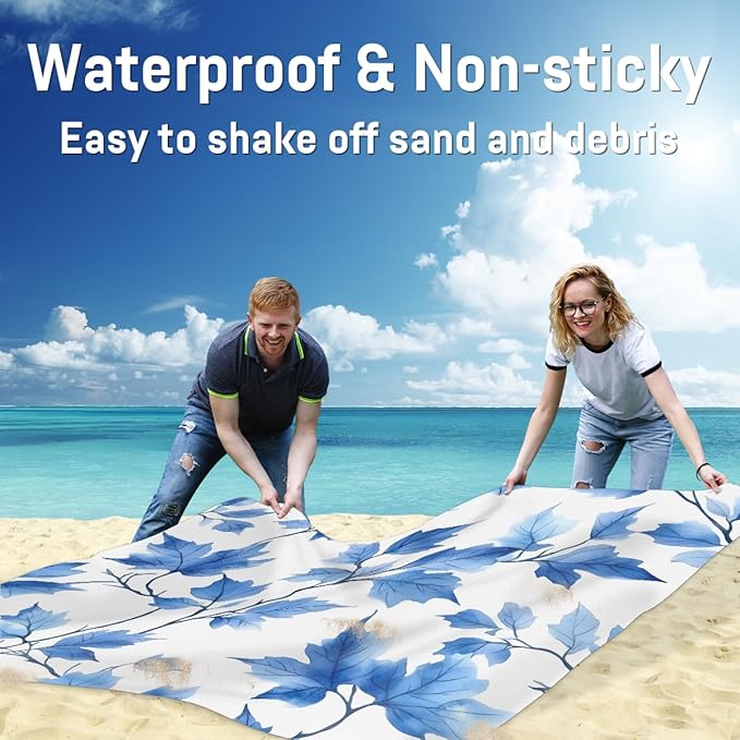 Waterproof Sandproof Beach Blanket 59''×68'' Branch Blue Leaves Polyester Outdoor Picnic Blanket with 4 Stakes &amp Storage Bag for BeachCampingVacation White