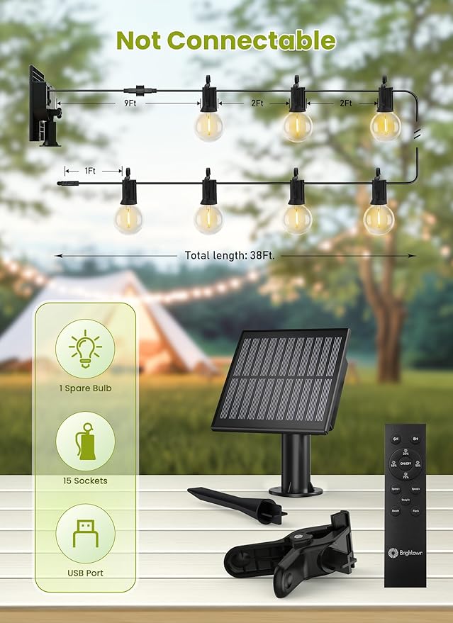 Brightown Solar String Lights Outdoor Waterproof with Remote Cable Ties and Hooks 38FT Patio Lights with 15 LED Shatterproof Bulbs 3 Light Modes Dimmable Hanging Lights for Backyard Party Decor