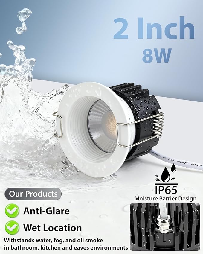 Adetu 2 Inch 5CCT Anti-Glare LED Downlight with Junction Box 2700K/3000K/4000K/5000K Selectable CRI90+ 8W COB 840LM IP65 Waterproof Dimmable-ETL and Energy Star Certified (White 6 Pack)